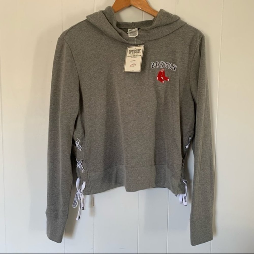 NEW Pink MLB Boston Red Sox Hoodie Lace Up Sides Tie Logo Embroidered Soft Grey